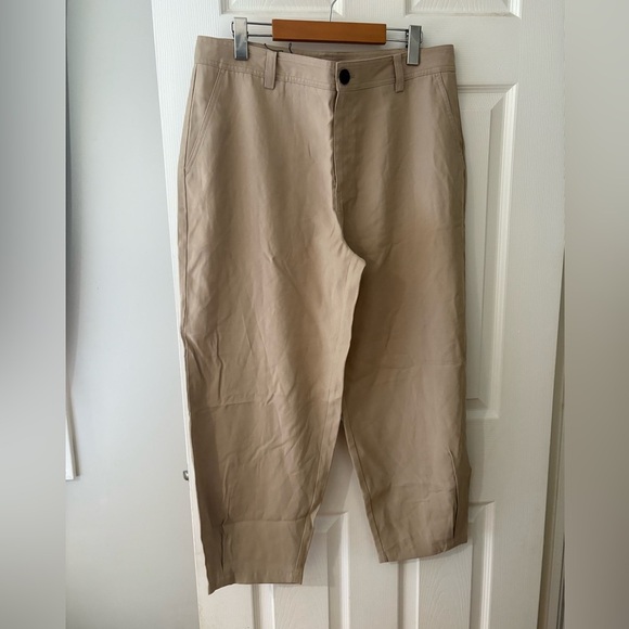Zara NWOT women’s wide leg taper barrel twill pant large tan beige - Picture 1 of 10